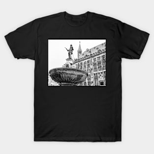 Religious statue with medieval church in the background T-Shirt